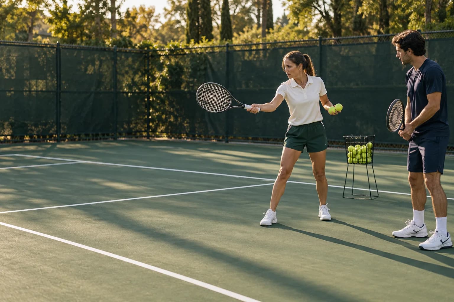 A tennis coach demonstrating a forehand to a player on a sunlit court