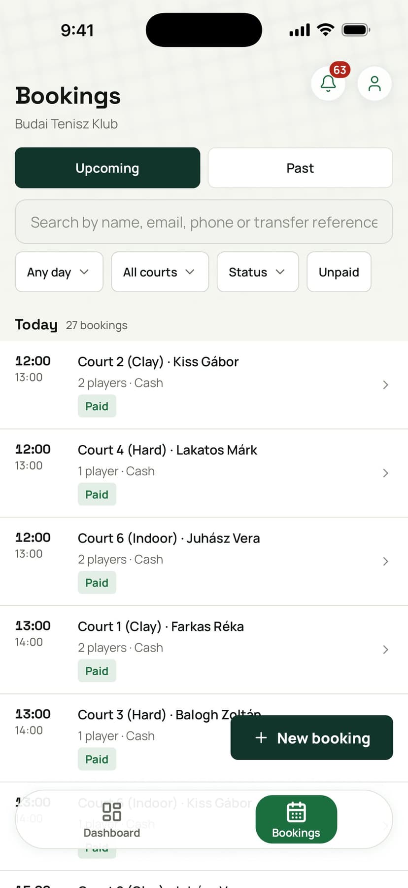 The staff booking list in the TEKKA app