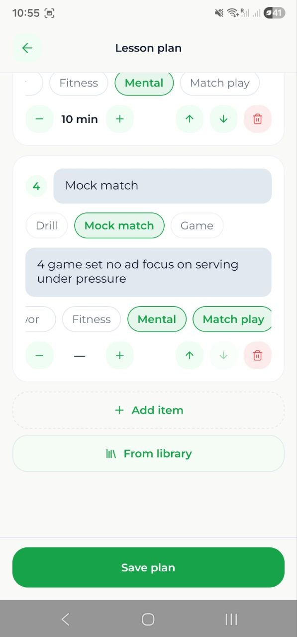 Adding a saved drill to a lesson plan on a phone
