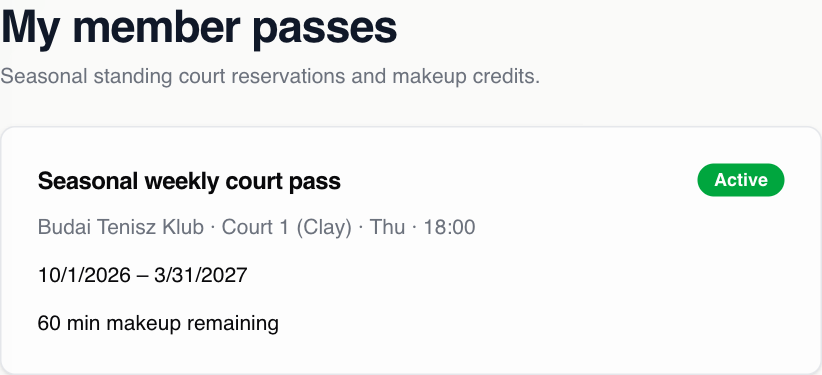 An active pass showing its court, weekly time and season dates