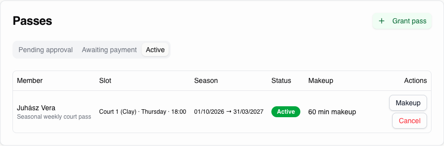 An active pass showing remaining makeup minutes