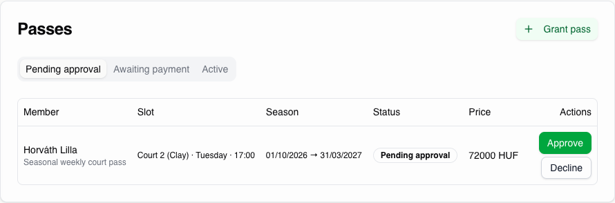 The club request queue with an approval action