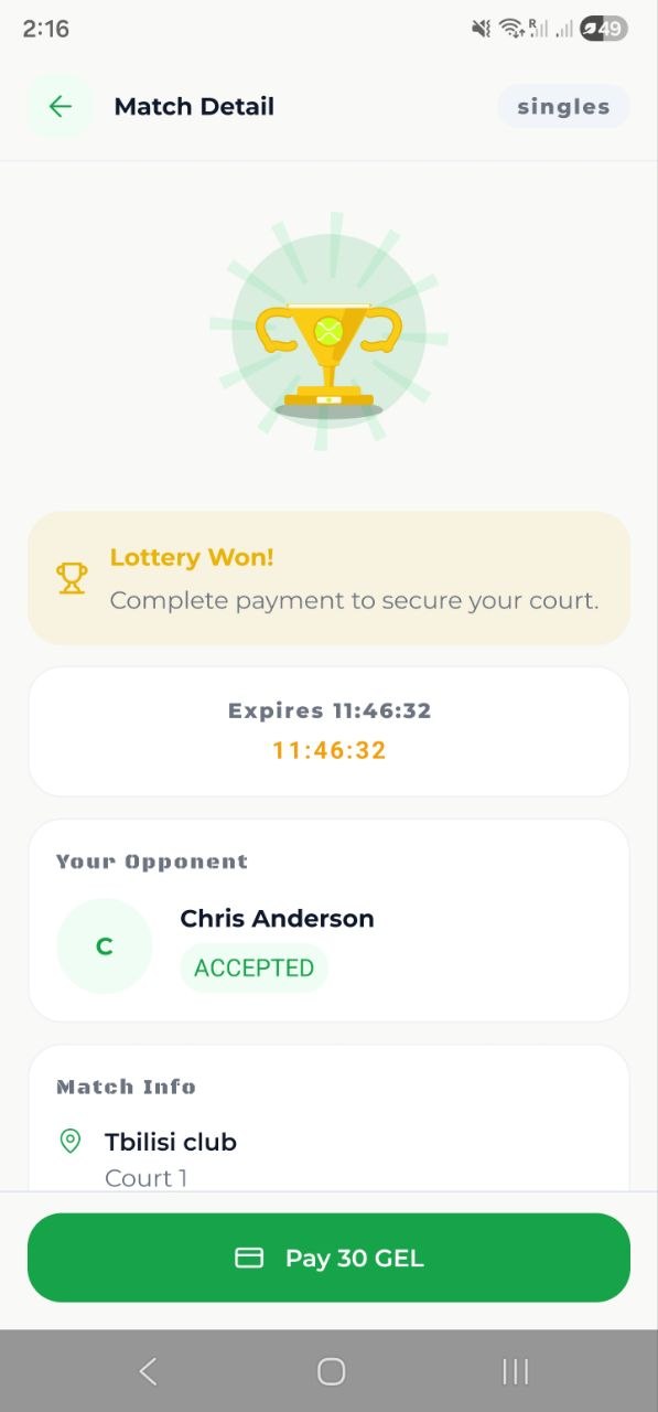 The confirmed booking, paid by both players