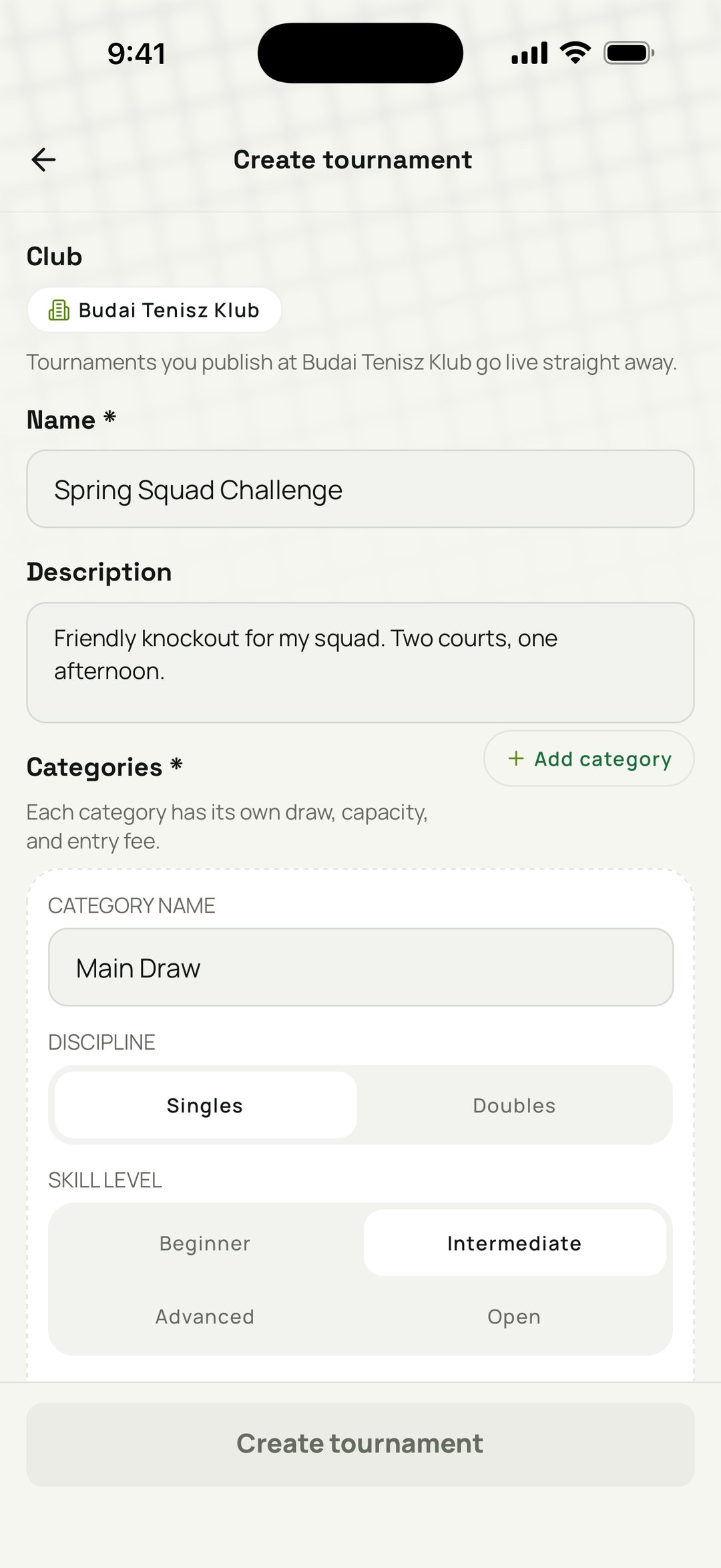Creating a student tournament from a coach account