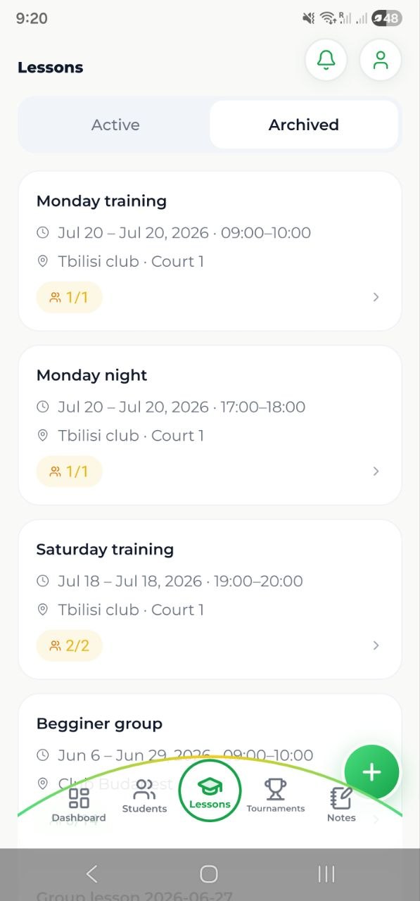 TEKKA coach lessons list with attendance counts and session details