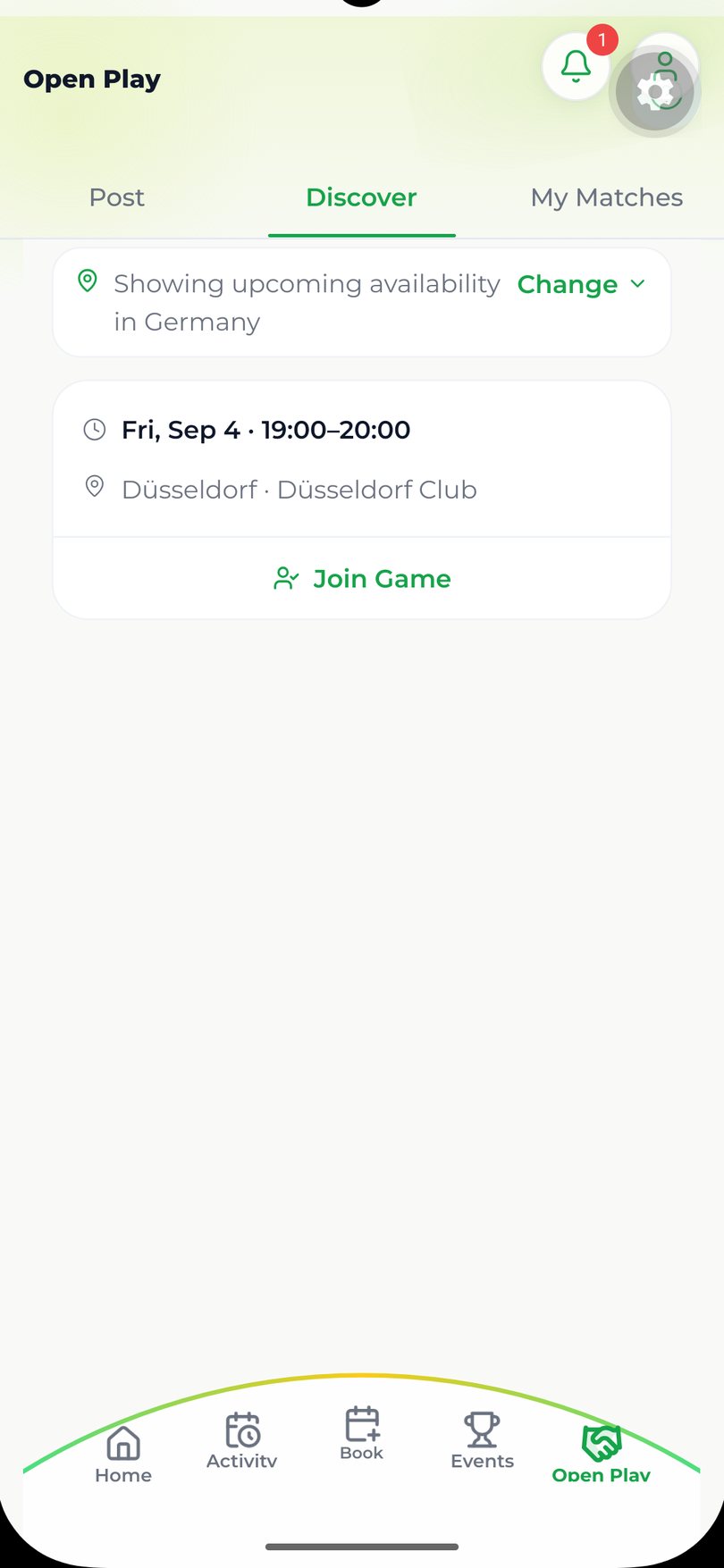 TEKKA Open Play showing an upcoming game nearby with a join button