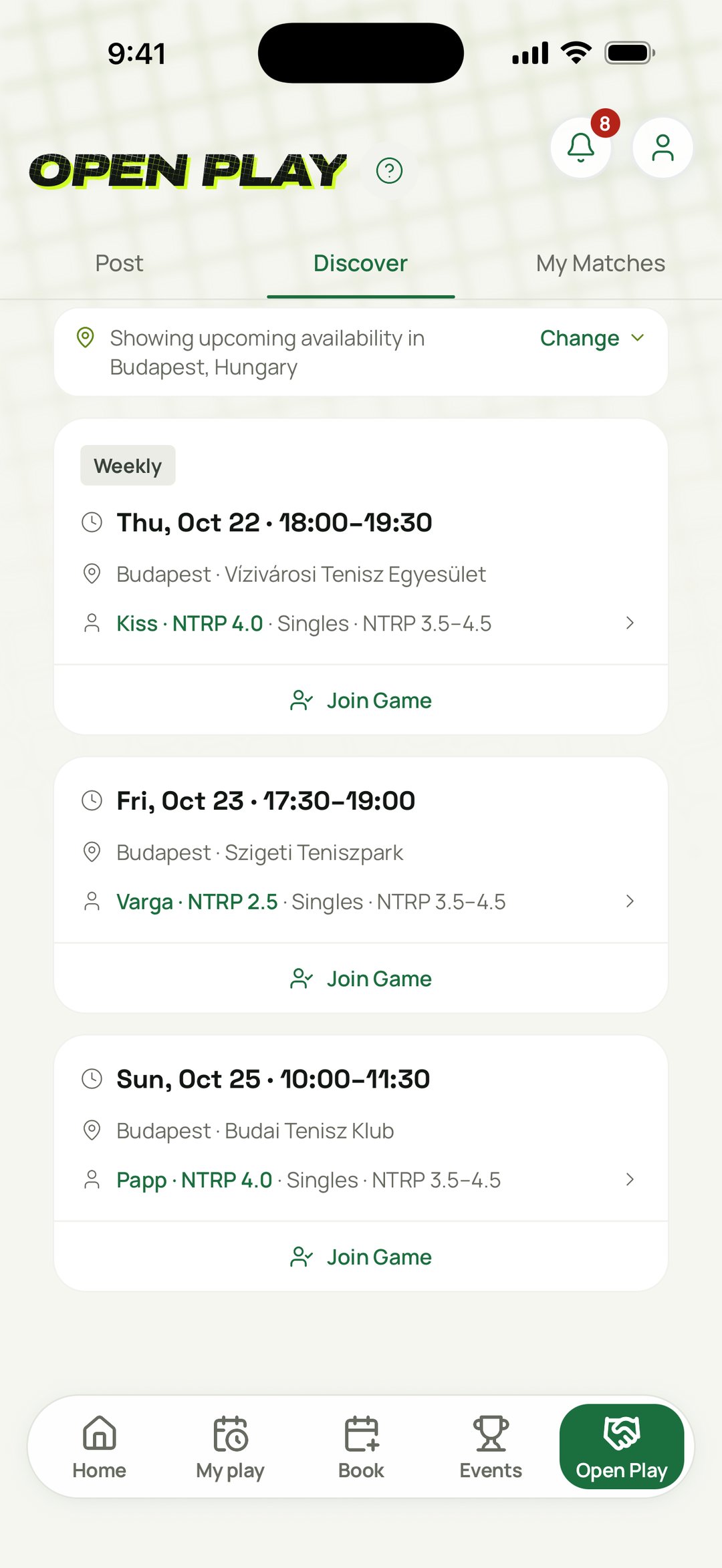 TEKKA Open Play showing an upcoming game nearby with a join button